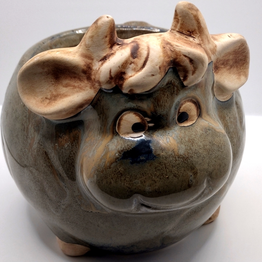 Adorable Cow Bull Green Glaze Pottery Planter